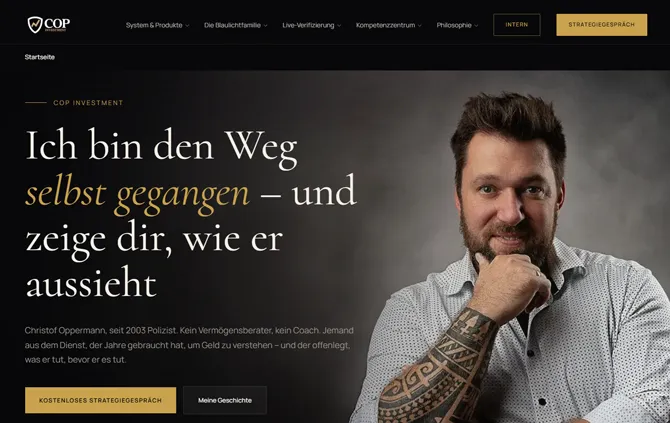 Startseite von COP Investment mit der Uebersicht der Themenbereiche