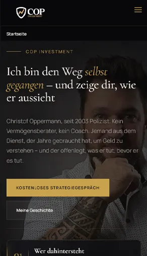 Startseite von COP Investment in der schmalen Ansicht auf dem Telefon