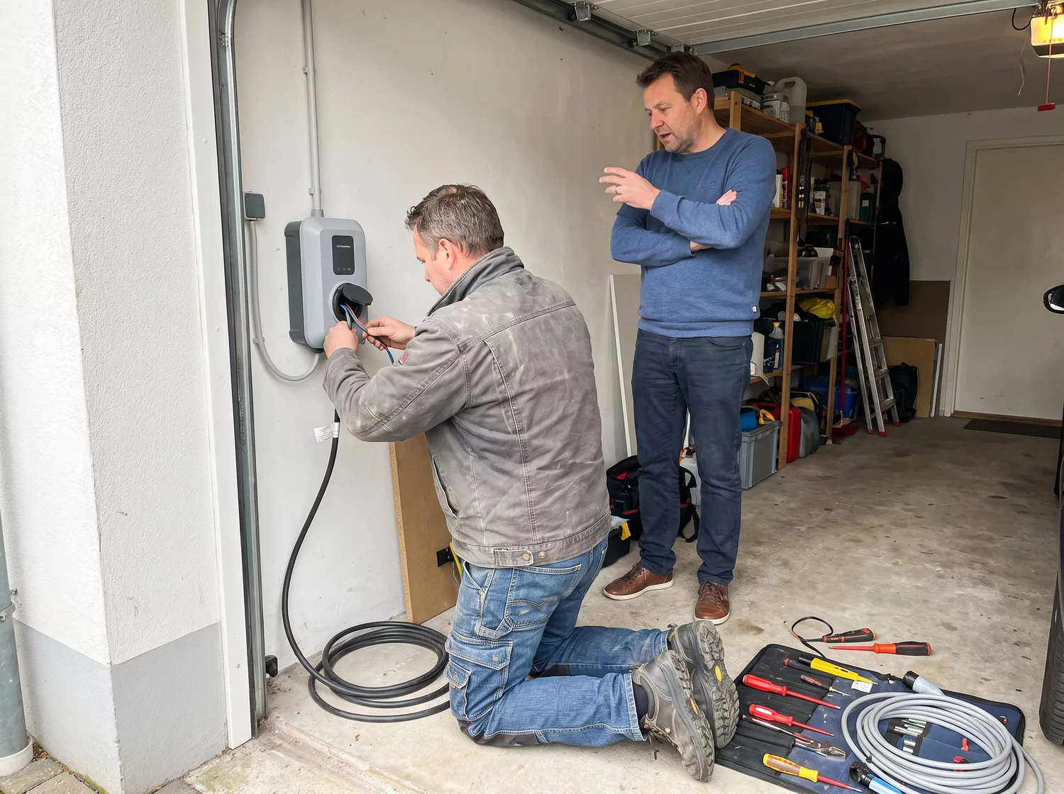 Elektriker schliesst eine Wallbox an, Hausbesitzer verfolgt die Arbeit
