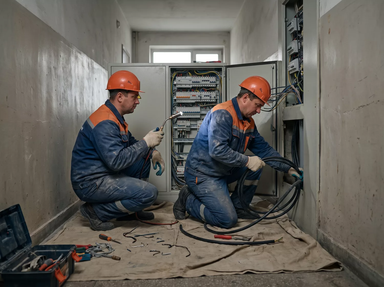 Zwei Elektriker arbeiten am geoeffneten Verteiler im Flur