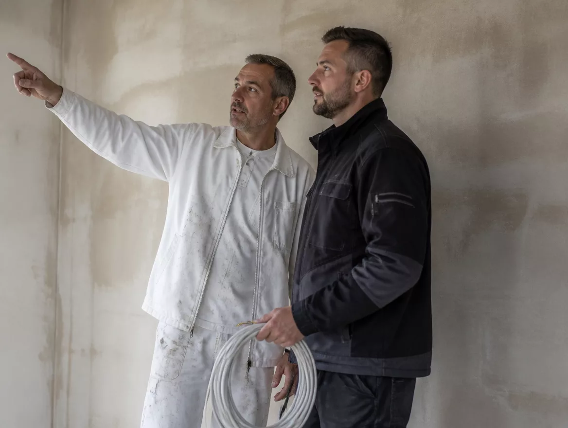 Maler und Elektriker besprechen eine Wand — zwei Gewerke, eine Homepage für Handwerker