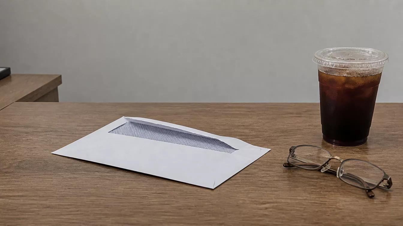 Geöffneter Brief mit Lesebrille auf einem Schreibtisch bei gleichmäßigem Licht
