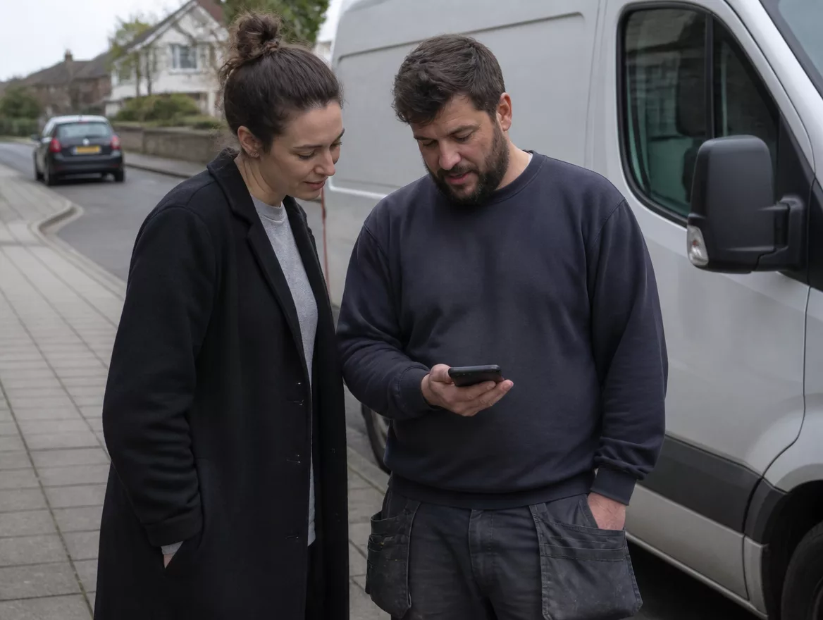Zwei Personen sehen am Transporter gemeinsam auf ein Telefon