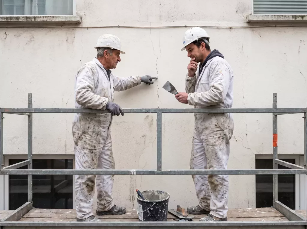 Zwei Maler auf dem Geruest begutachten einen Riss in der Fassade
