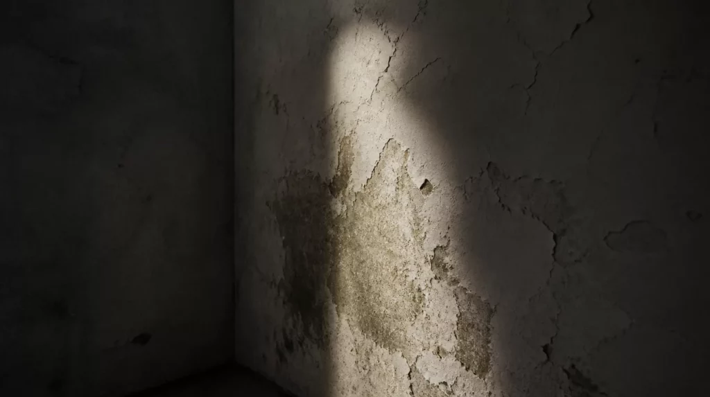 Rissige und abblätternde Farbe in einer Wandecke