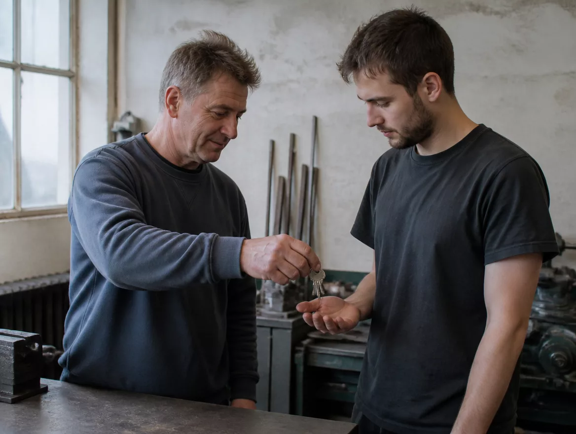 Schlüsselübergabe an der Werkbank zwischen zwei Personen
