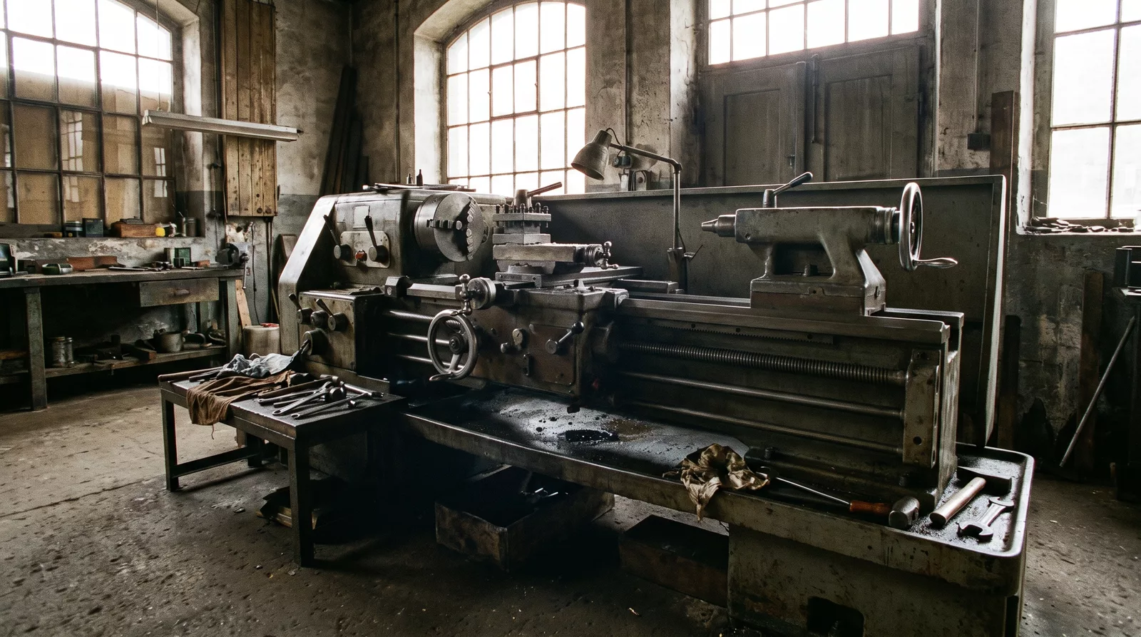 Verrostete Maschine mit gerissenem Riemen in der Werkstattecke