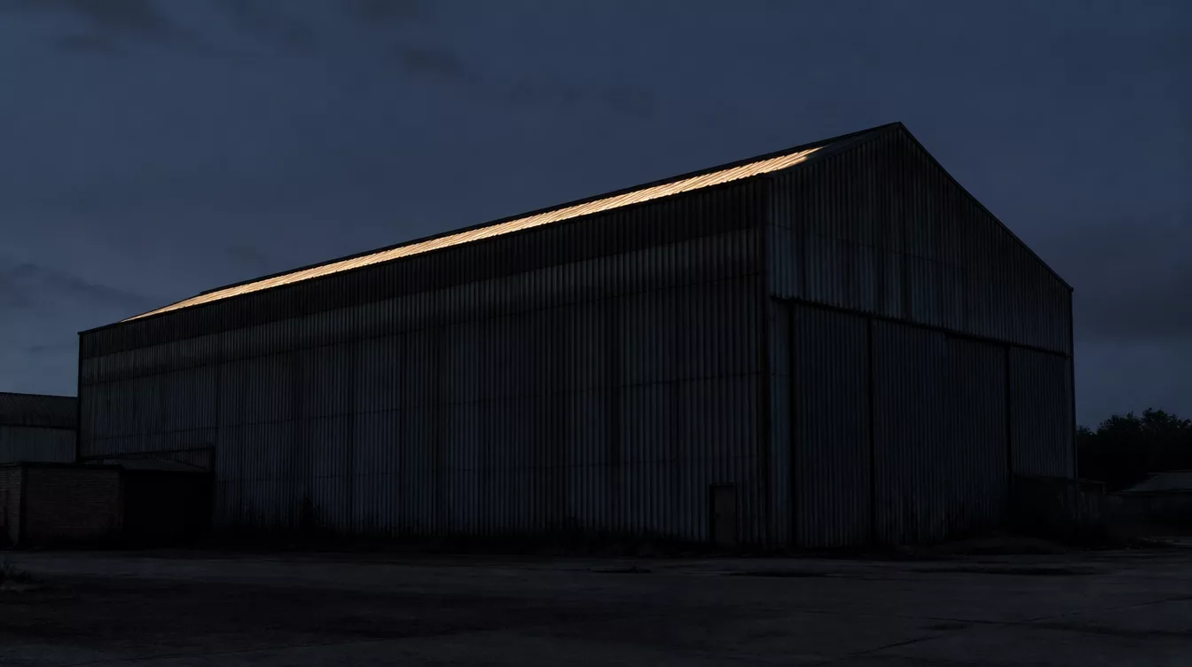 Stillgelegte Industriehalle in der Dämmerung