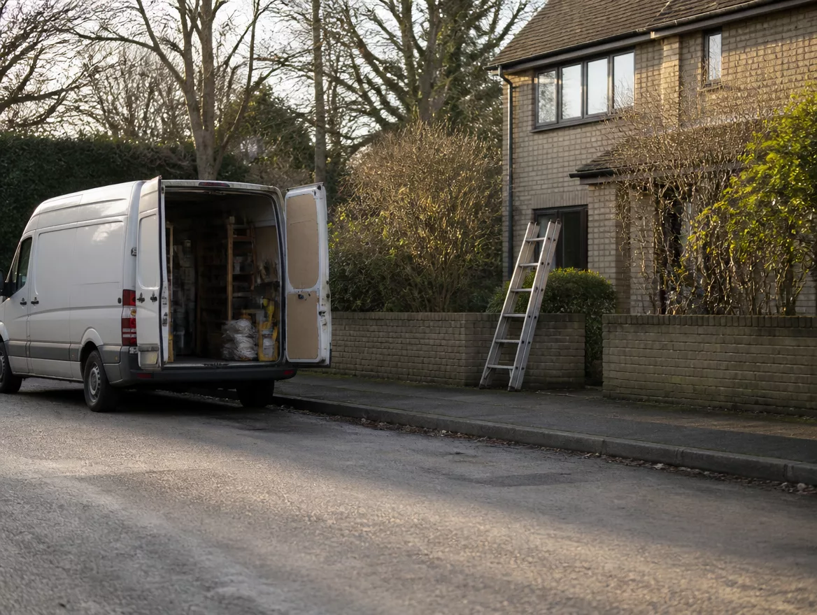 Transporter mit offenen Hecktueren vor einem Backsteinhaus, Arbeitsalltag im Umkreis der Werbeagentur Neuss